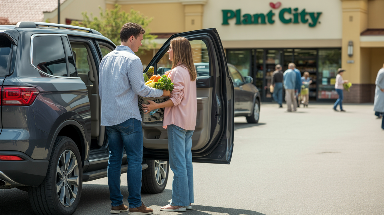 Couple loading groceries outside a Plant City, FL supermarket on a sunny day
