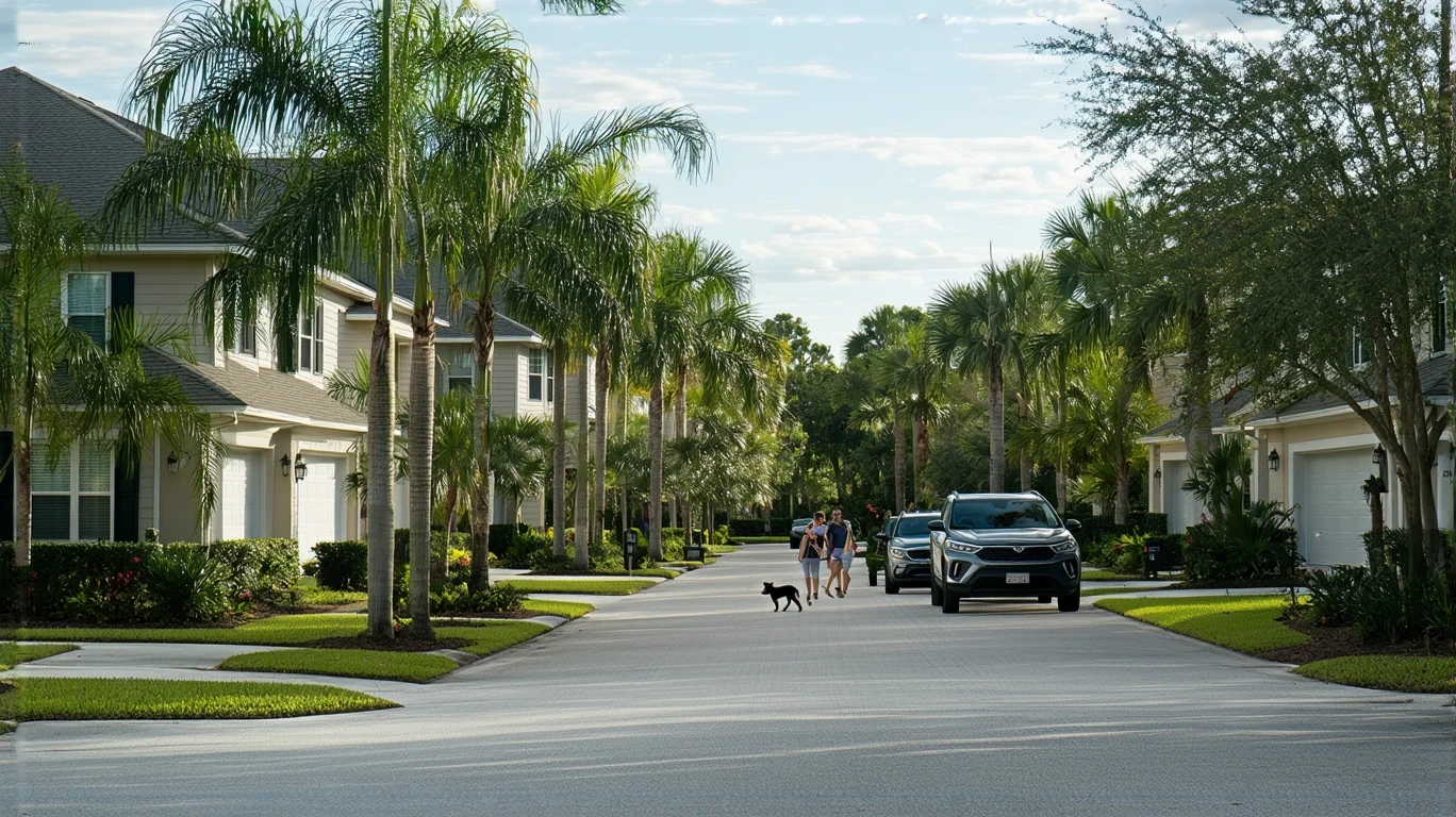 A residential street in Ocoee, Florida with modest homes, palm trees, and a couple walking their dog on the sidewalk.