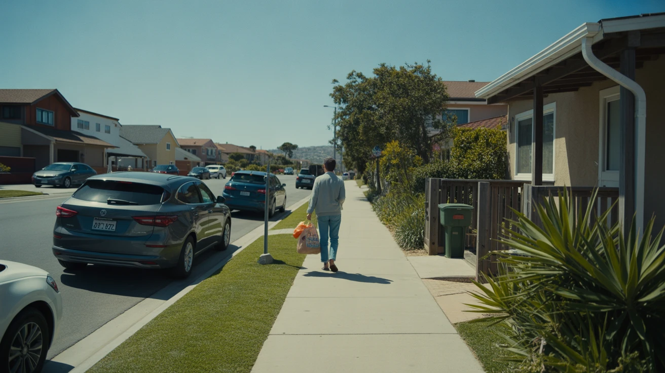 A person walking on the sidewalk past a parked car and modest home in a National City neighborhood on a sunny day.