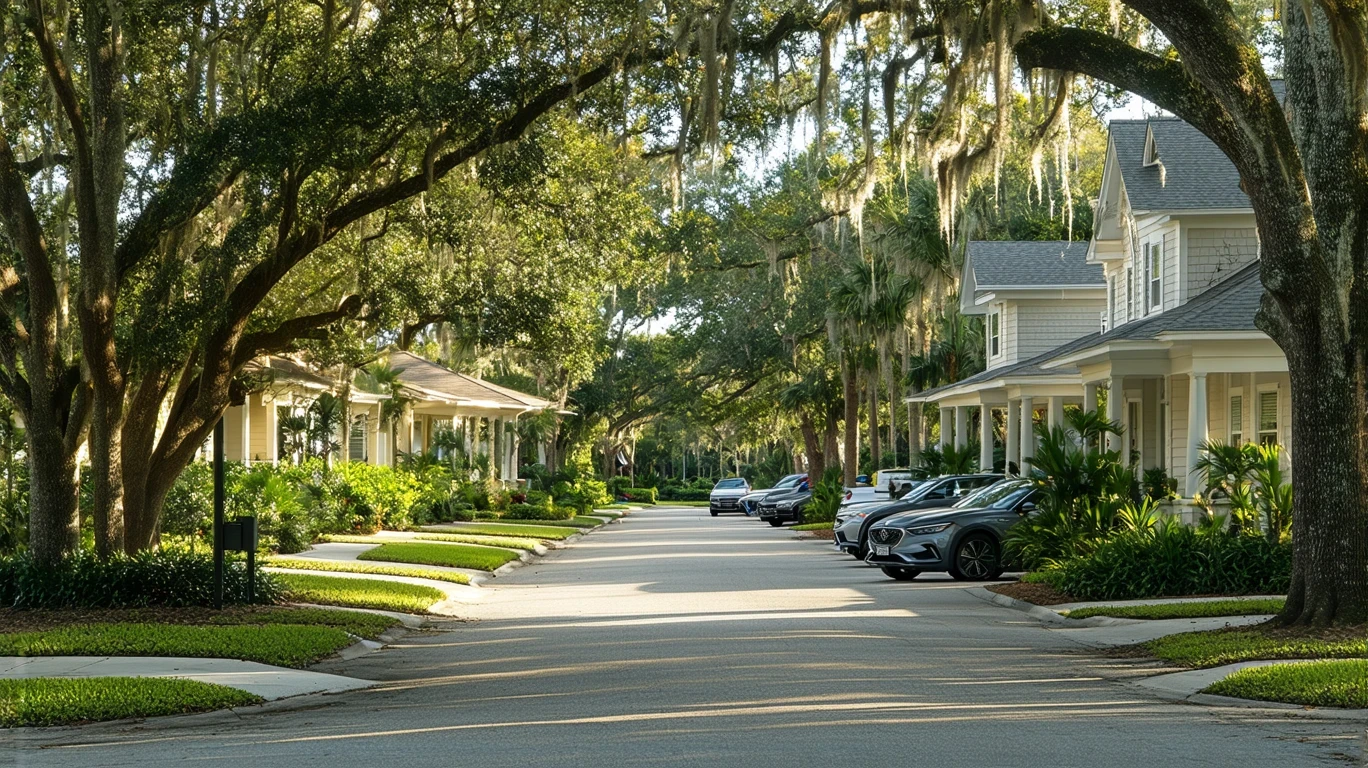 A tree-lined street in Maitland, Florida with craftsman-style houses and residents walking dogs.