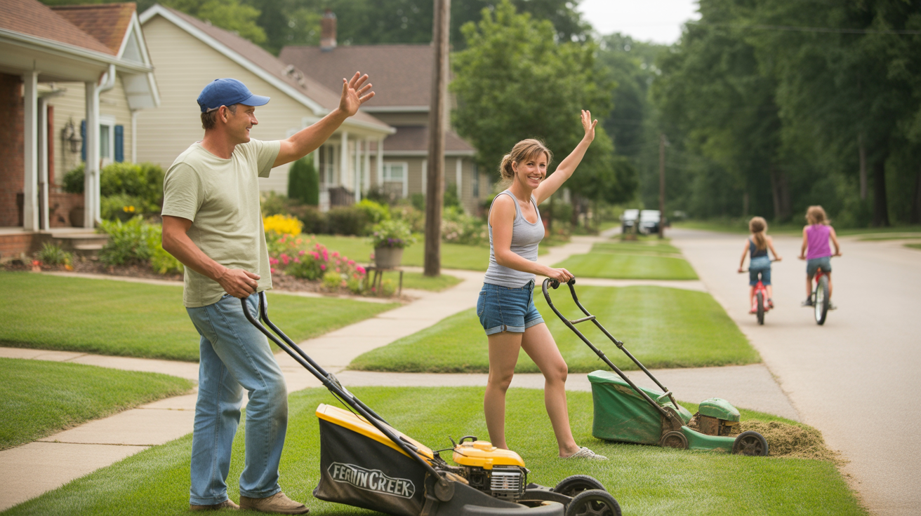 Neighbors wave to each other while mowing their lawns on a sunny Saturday morning in Fern Creek, KY