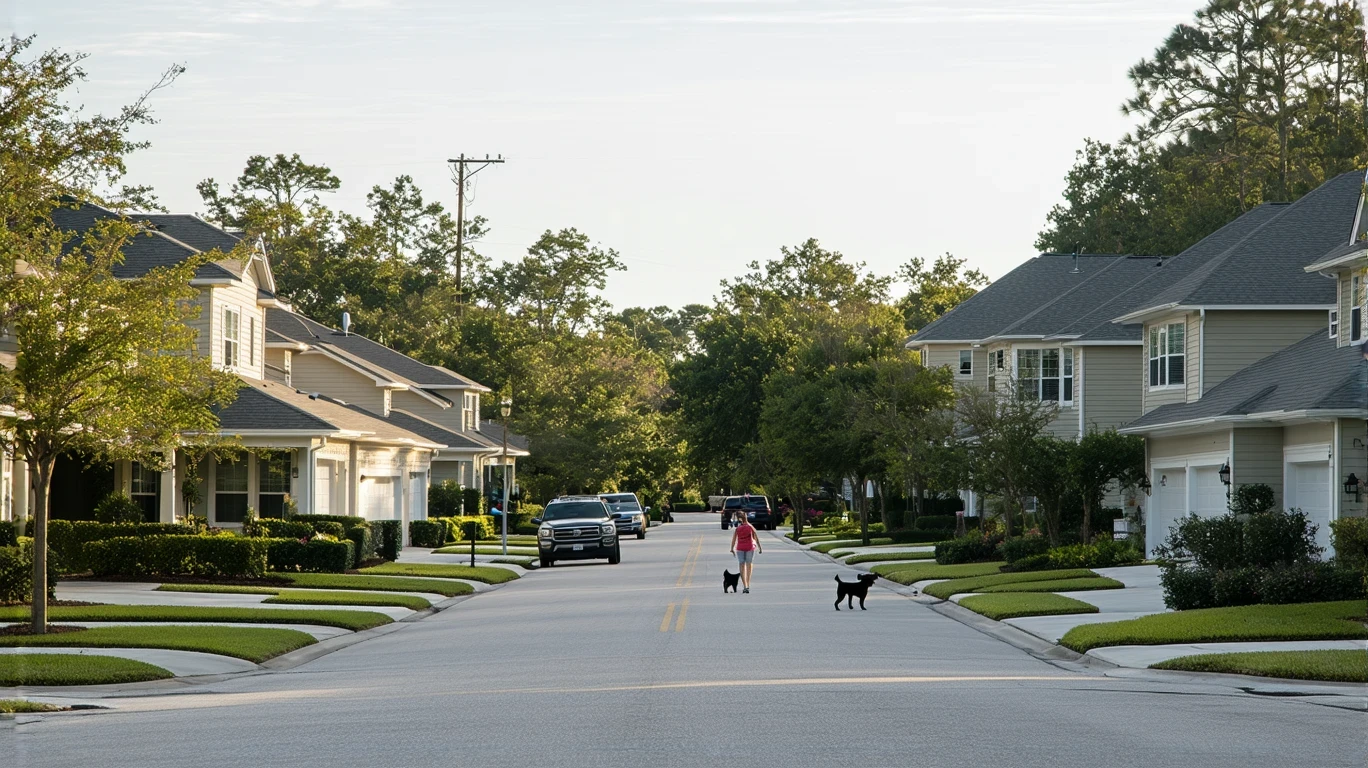 A sunny suburban street in Sanford, Florida with craftsman-style homes and a person walking their dog.