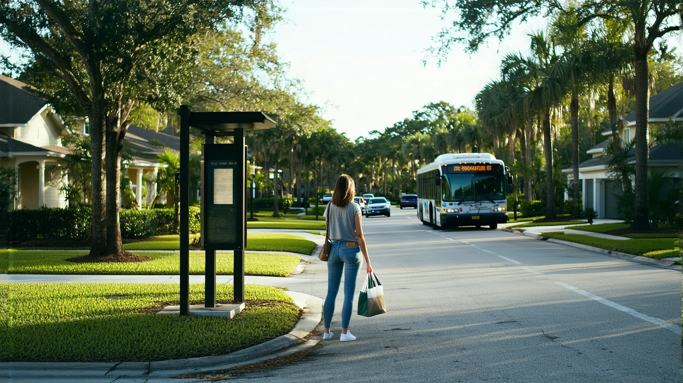 Woman waiting at bus stop on suburban street in Wesley Chapel, Florida
