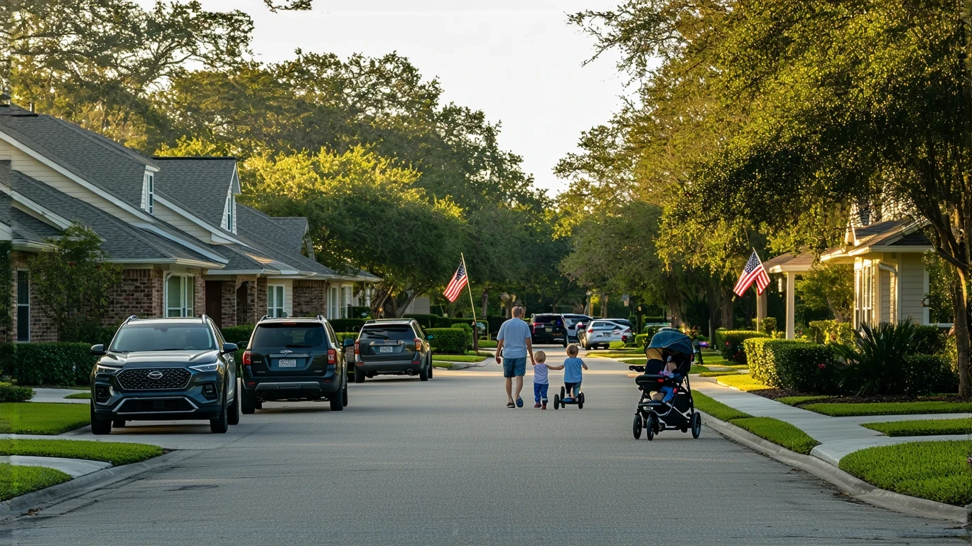 A sunny suburban street in Altamonte Springs with modest homes, a young family walking, and cars parked in driveways.