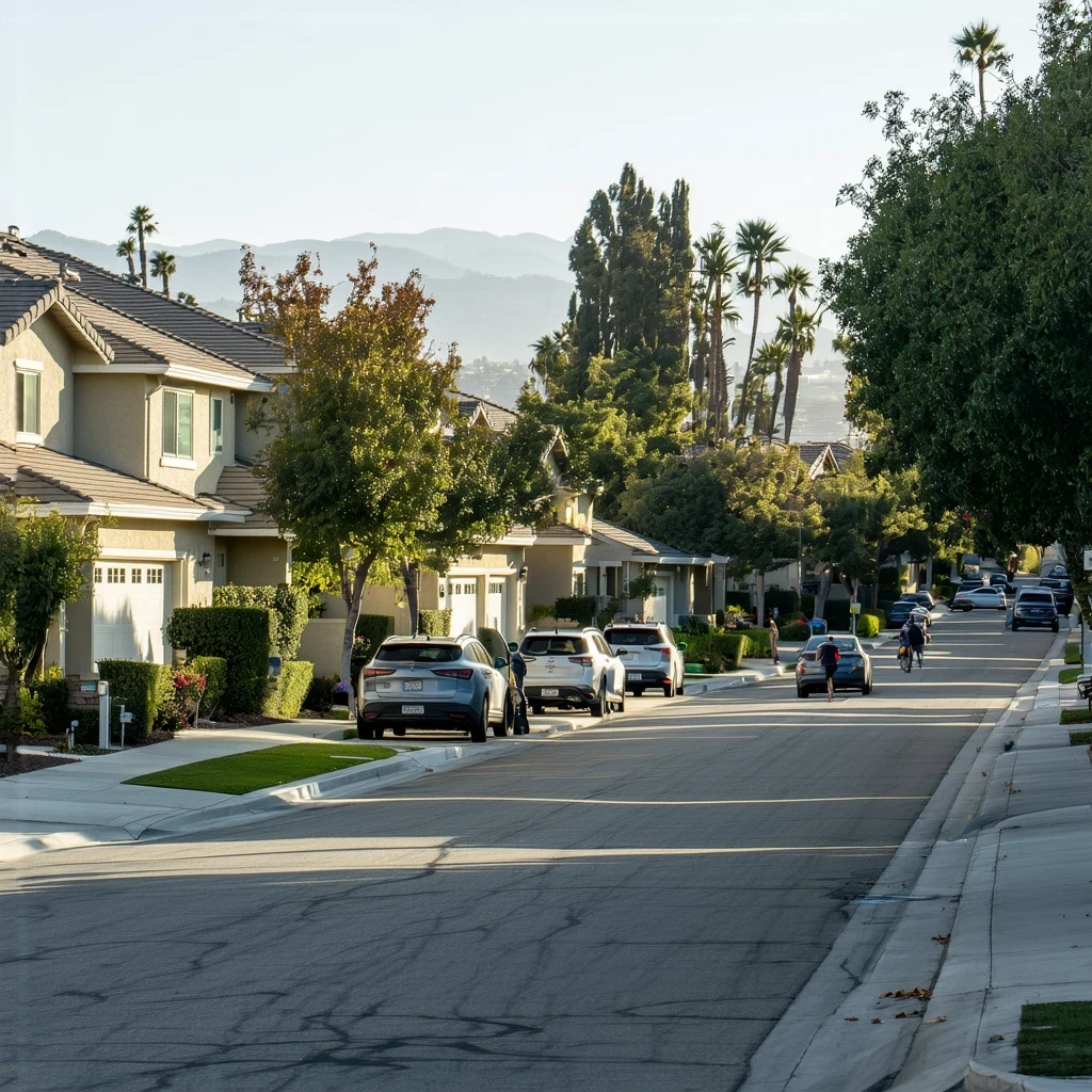 A sunny residential street in Santee, California lined with modern single-family homes and drought-tolerant landscaping.