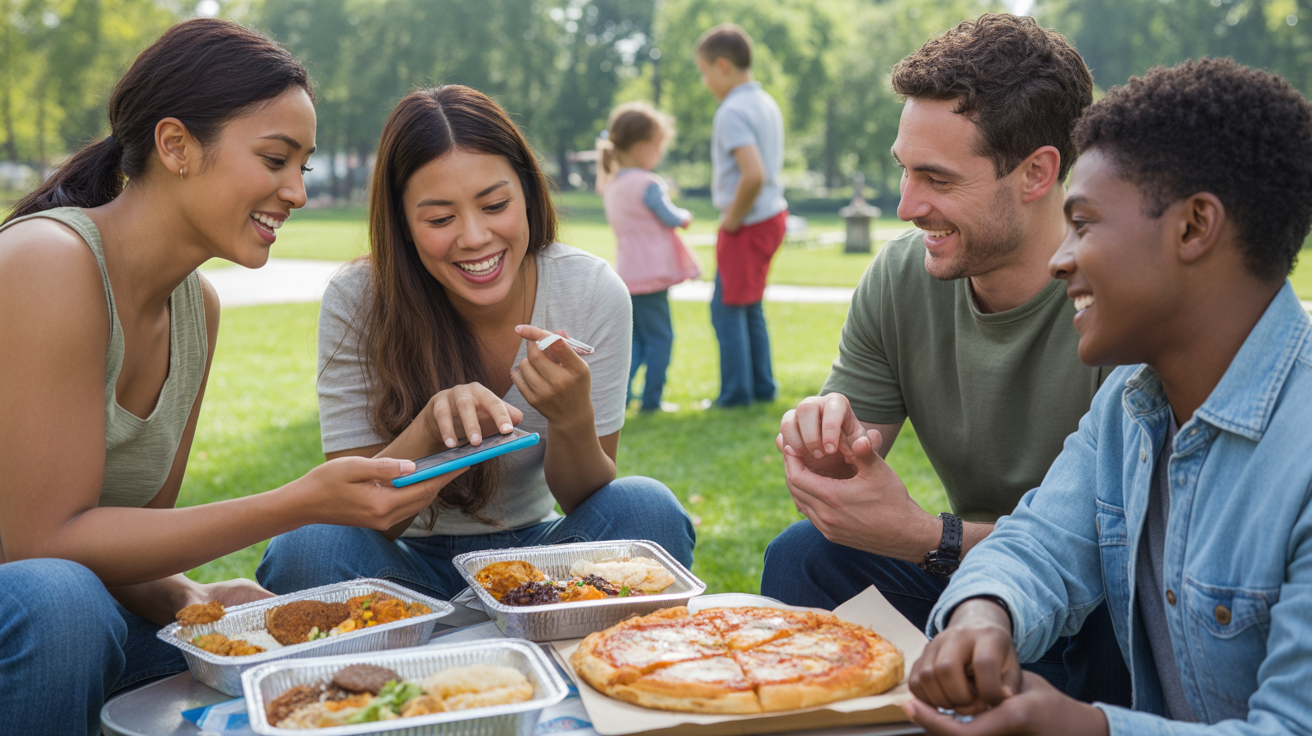 Friends of different ages sharing a picnic table and takeout food at a sunny park in Skokie, Illinois