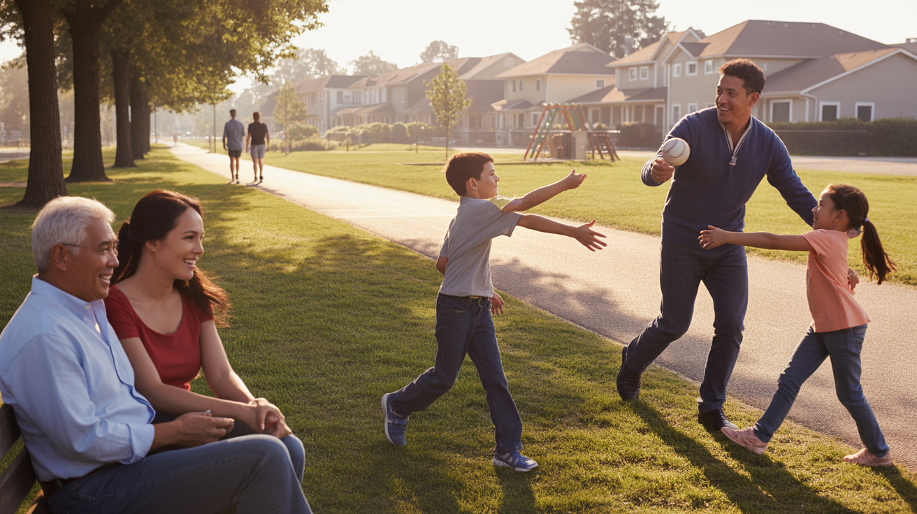 A multi-generational family playing catch in an Indian Trail neighborhood park at golden hour.