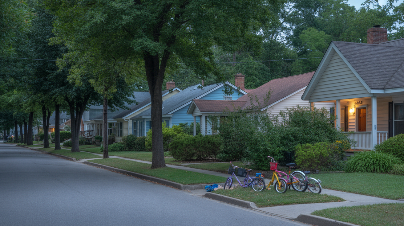 Residential street in Kannapolis, NC at dusk with glowing porch lights and bikes on lawn
