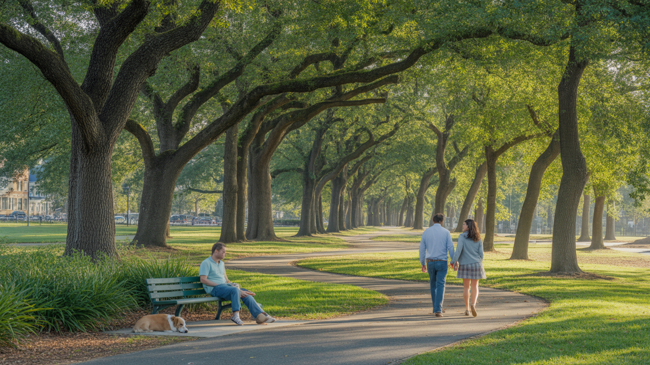 Charlotte NC park with walking paths, oak trees, people strolling and dog napping
