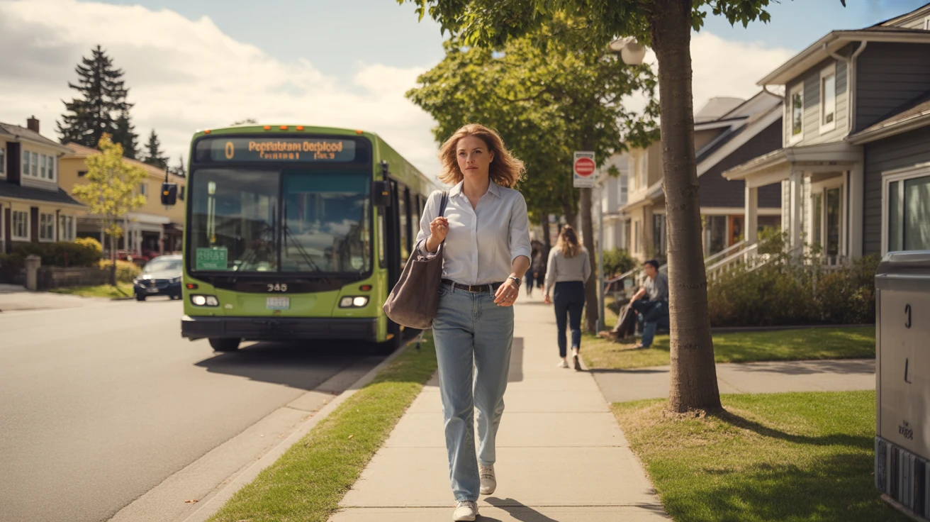 Woman commuter in her 30s stepping off an electric bus onto a sidewalk in a Seattle neighborhood