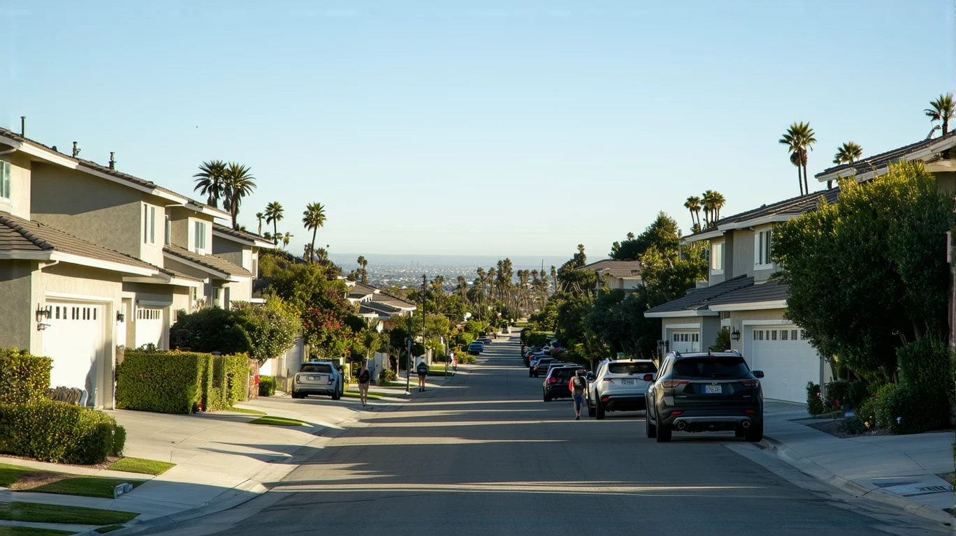 A sunny residential street in Encinitas, California lined with modern single-family homes, drought-tolerant landscaping, and a few parked cars. One resident is walking a dog on the sidewalk.