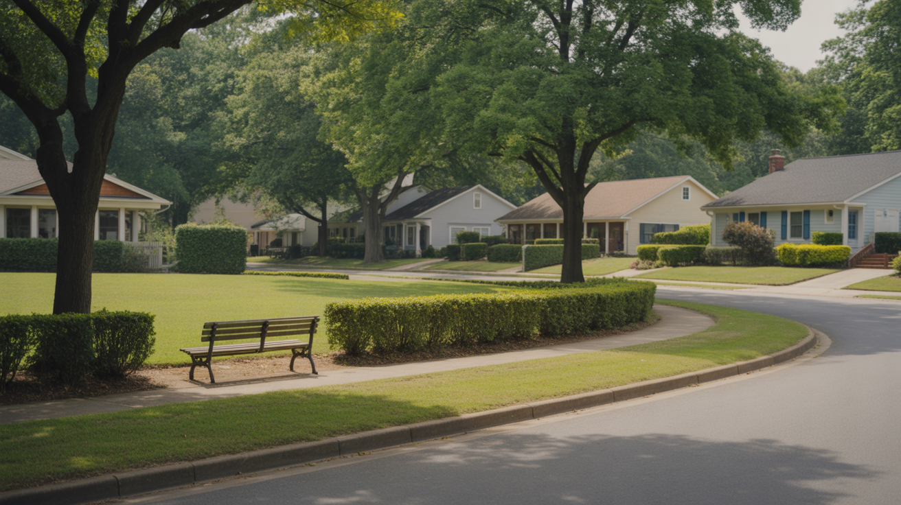 Neighborhood park with bench and path in Wake Forest, North Carolina