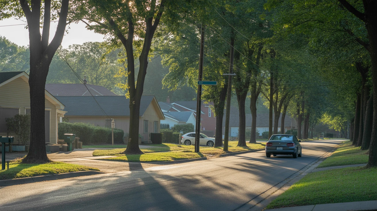 A peaceful suburban street in La Vergne, TN with one-story homes and trees casting long shadows at sunrise.