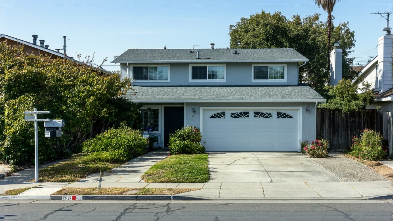 Exterior view of a one-story home in Oceanside, California with a small xeriscaped front yard and driveway.