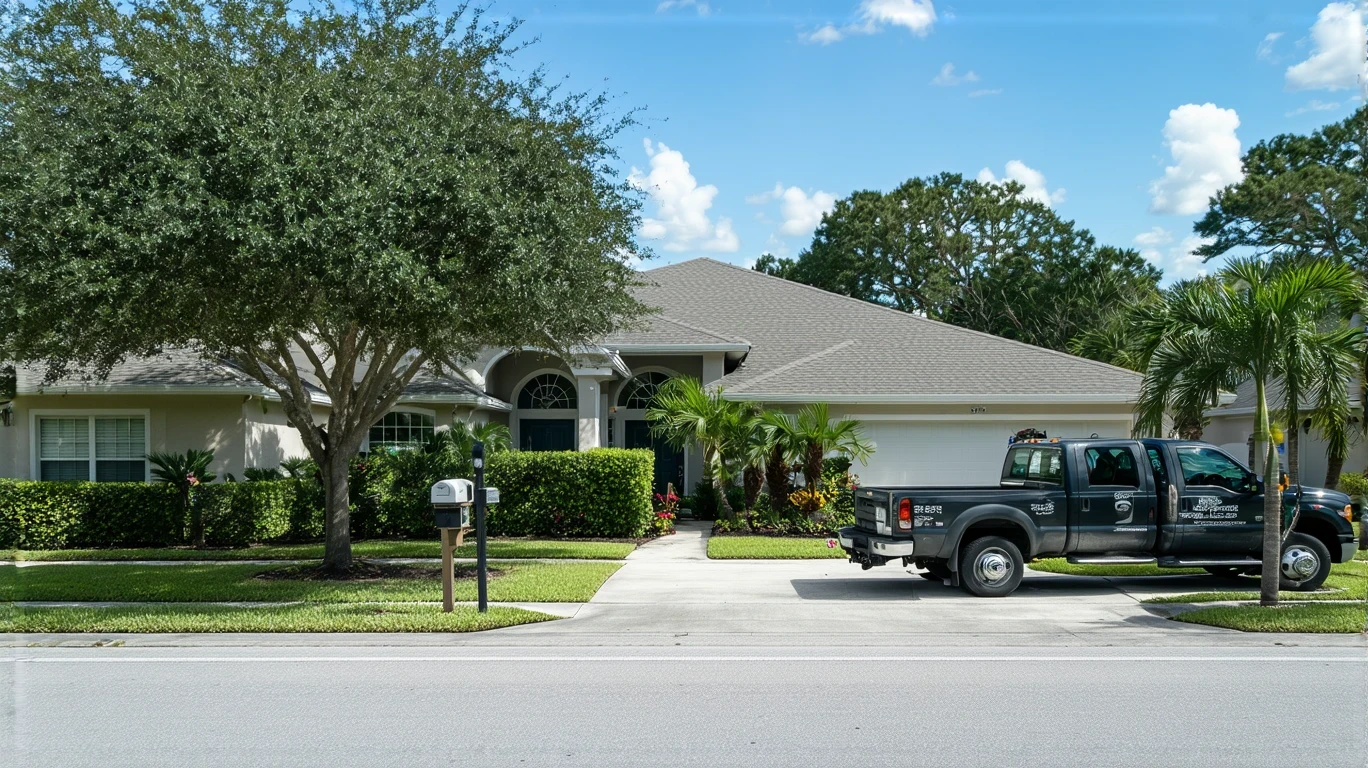 Utility worker checking electric meter outside stucco home in Apopka, Florida