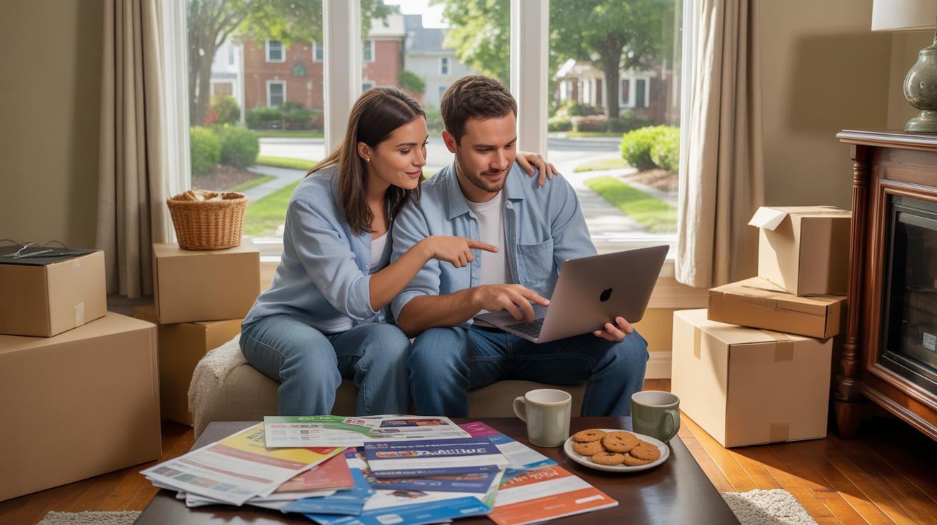 A couple researches internet and streaming options while unpacking in their new Matthews home.