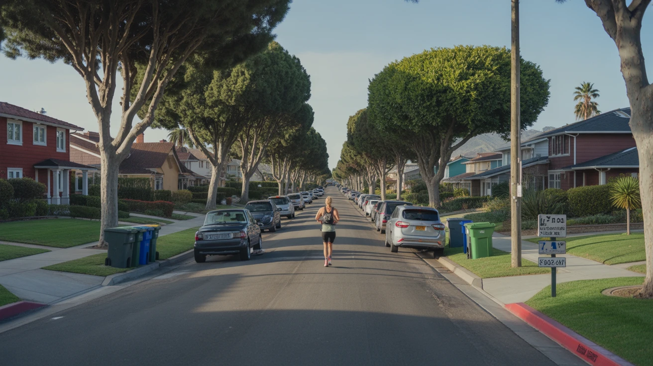 A jogger runs past a row of red-brick homes with bins out for pickup on a calm residential street in Chula Vista