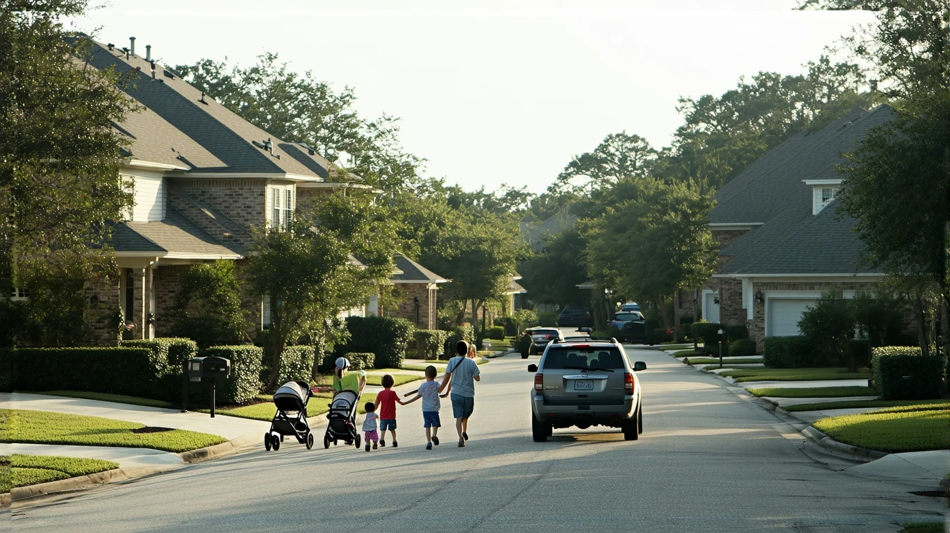 A family walks along a sidewalk in a quiet suburban neighborhood in Oviedo, Florida on a sunny day.
