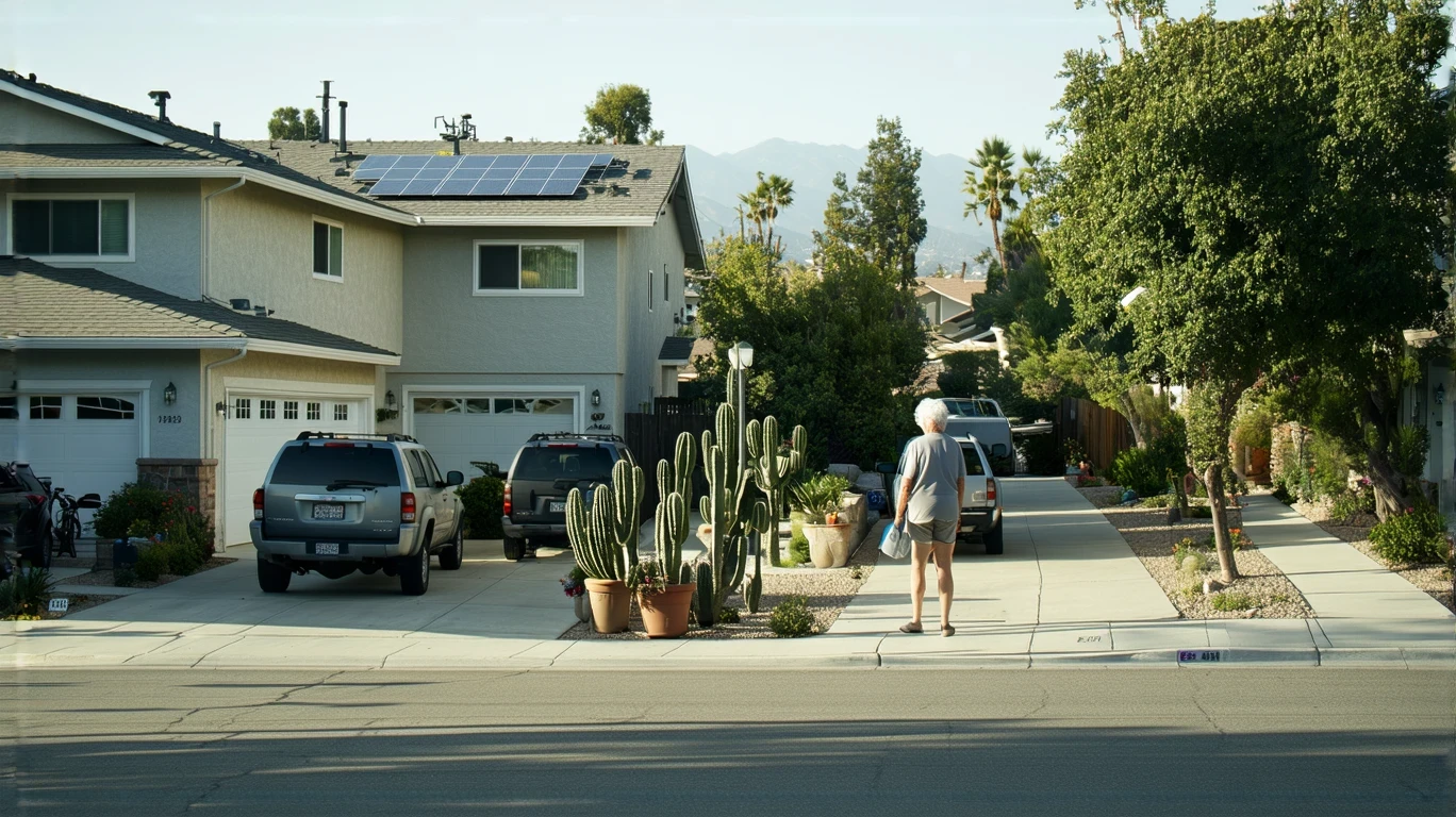 Older woman watering plants in front yard of suburban home in Escondido, California
