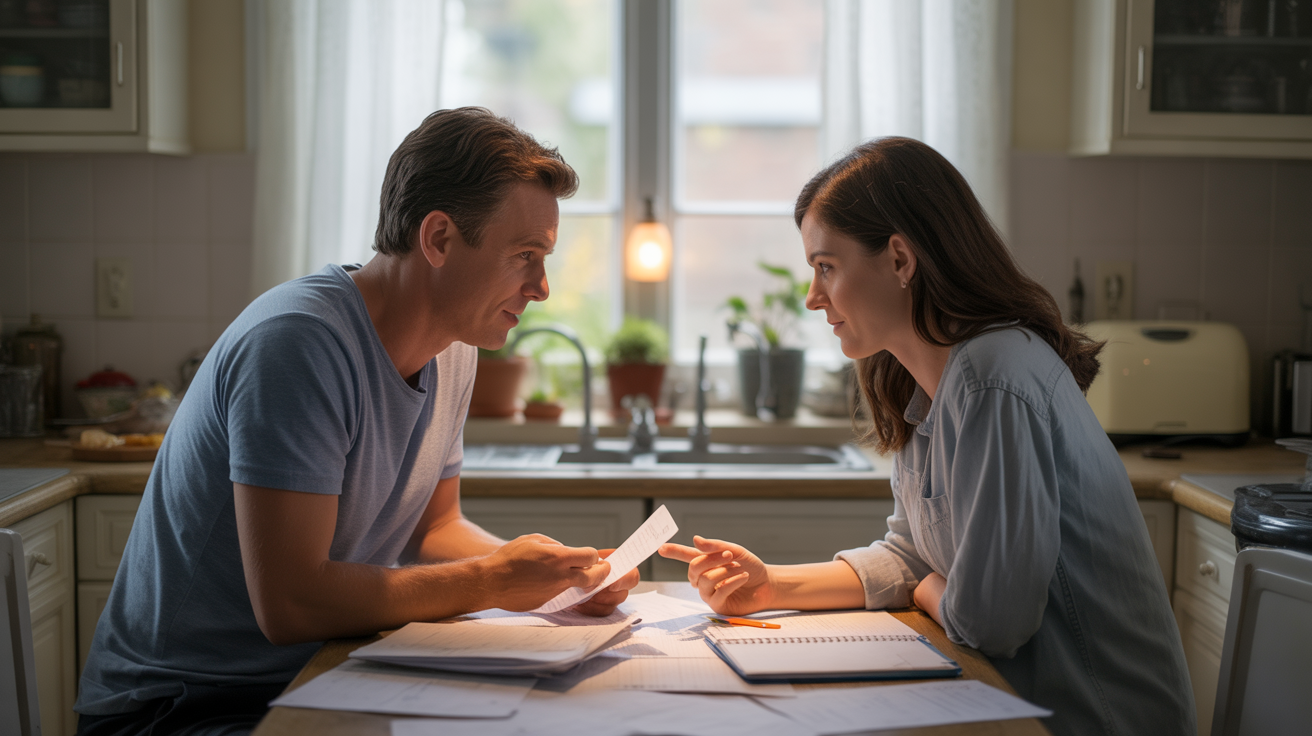 A couple sits at their kitchen table in the evening light, focusing on papers and a notebook as they discuss their monthly budget.