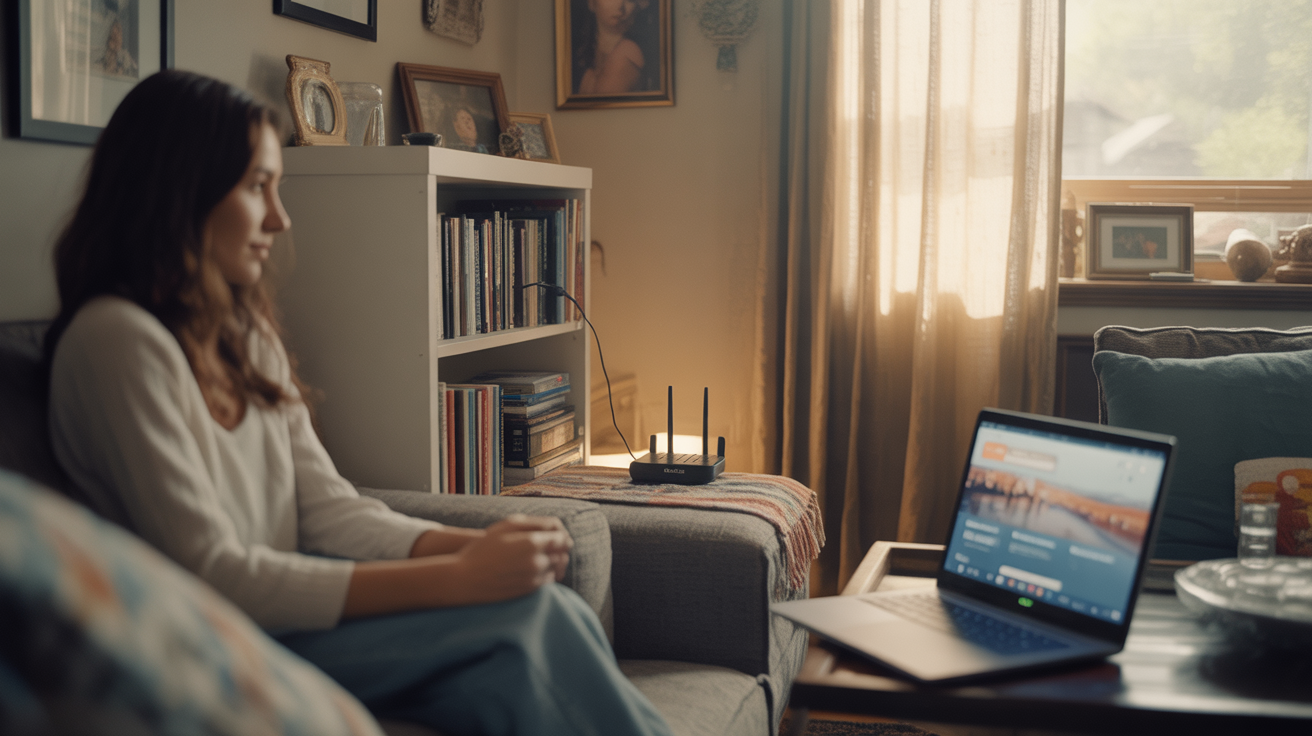 A Wi-Fi router tucked into a bookshelf in a cozy Boulder City living room, with a laptop open to a streaming service homepage on the coffee table.
