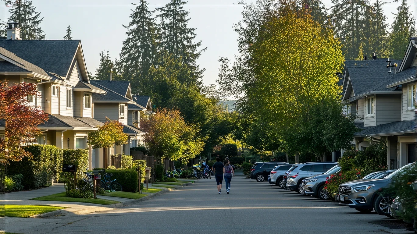 A sunny residential street in Sammamish, WA with craftsman-style homes and landscaped yards.