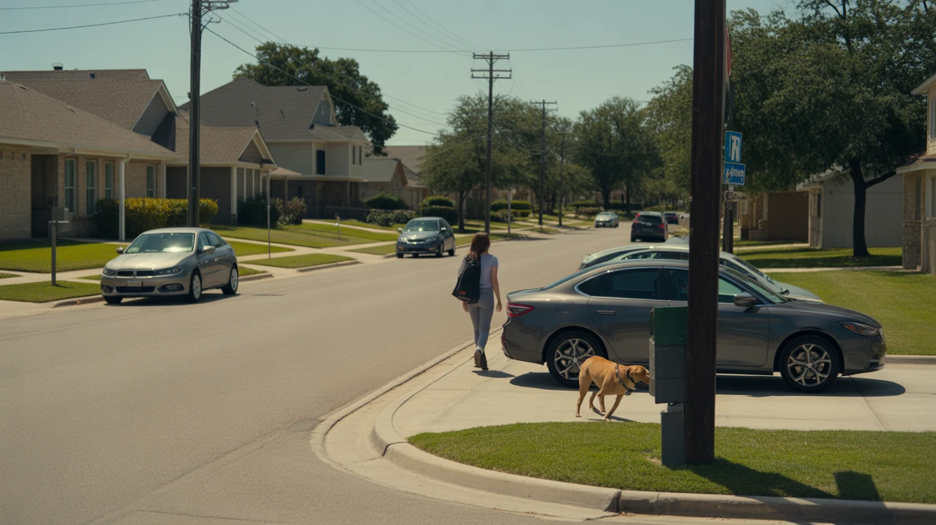 A person walking their dog on a sidewalk in a sunny residential neighborhood in Allen, Texas