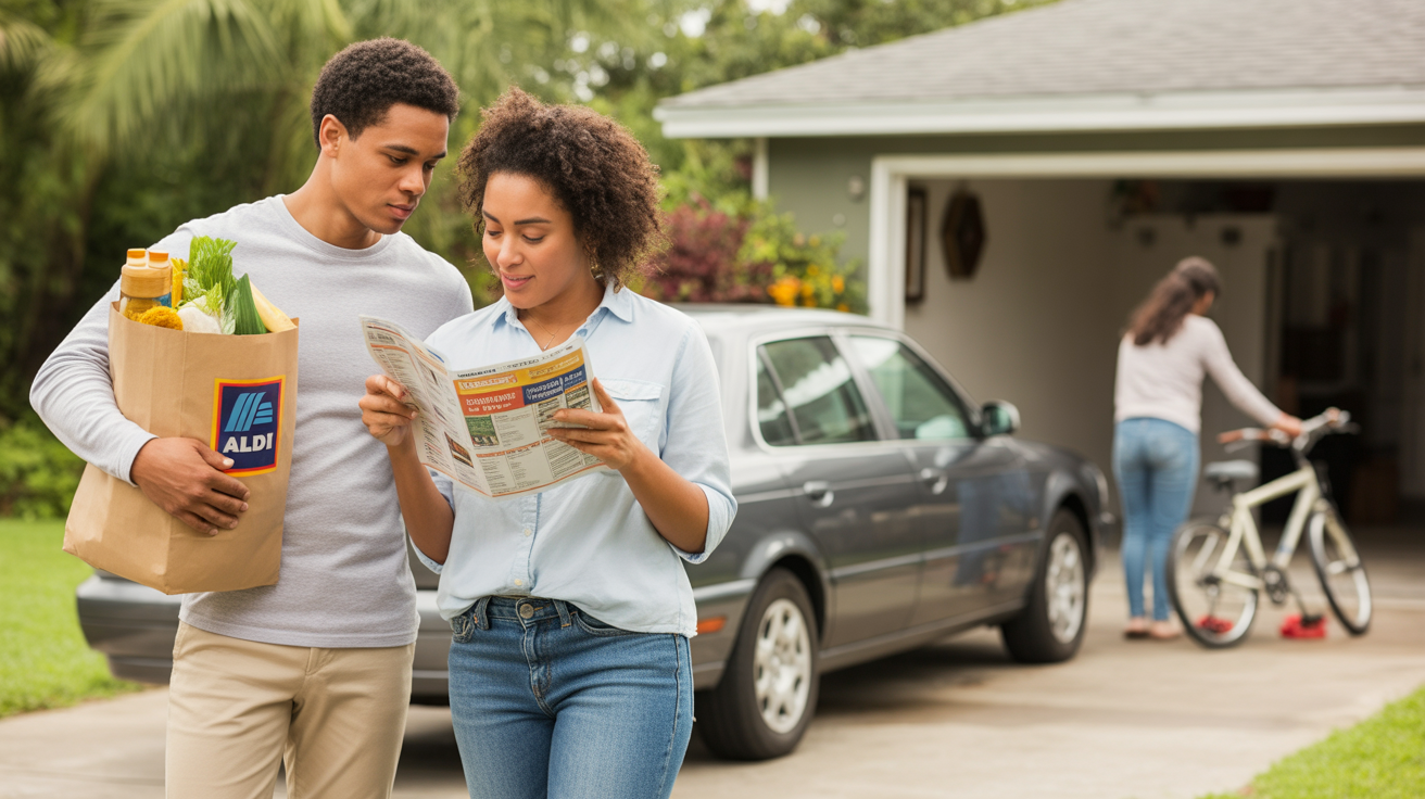 A couple in Plant City, FL reviews a grocery store ad in their driveway, planning affordable meals.