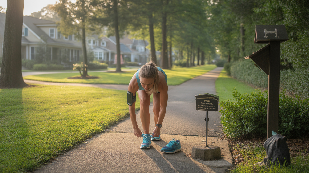 A woman ties her running shoes on a neighborhood trail in Matthews, NC on a peaceful morning.