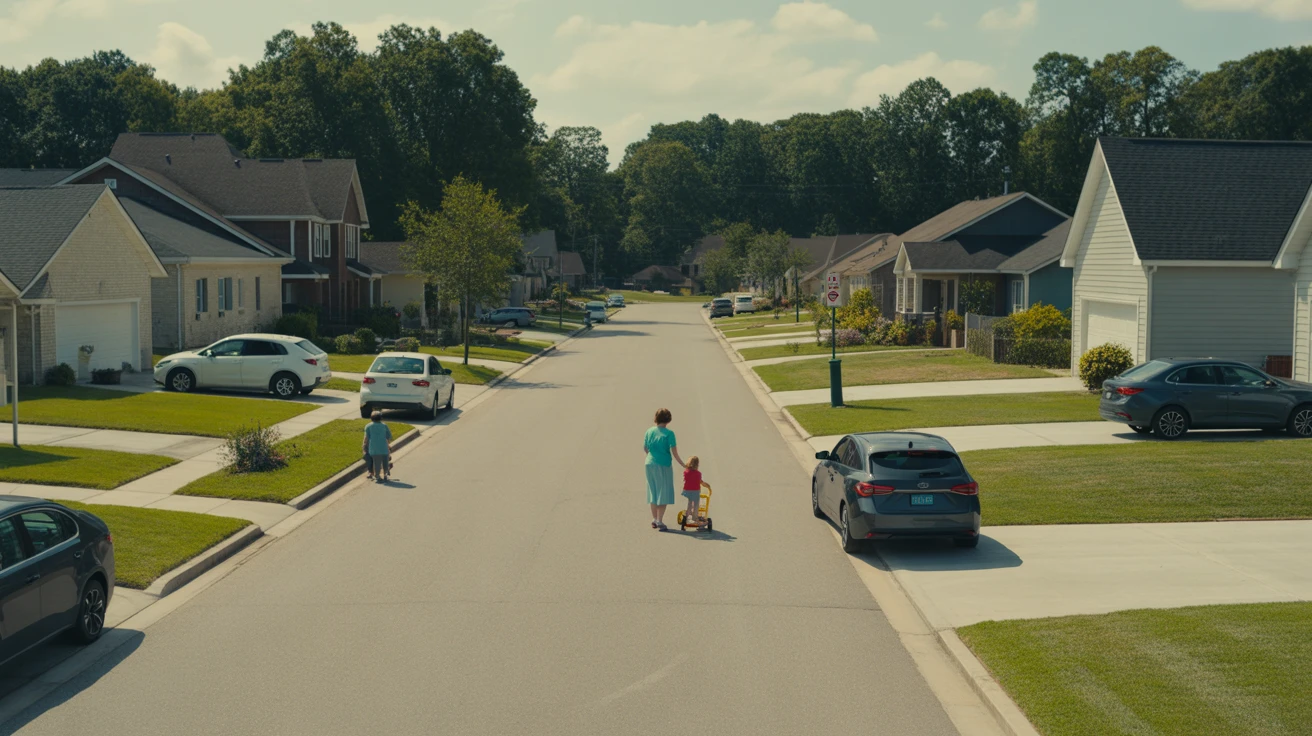 A sunny suburban street in La Vergne, Tennessee with a few modest single family homes, cars parked in driveways, and a resident doing yardwork.