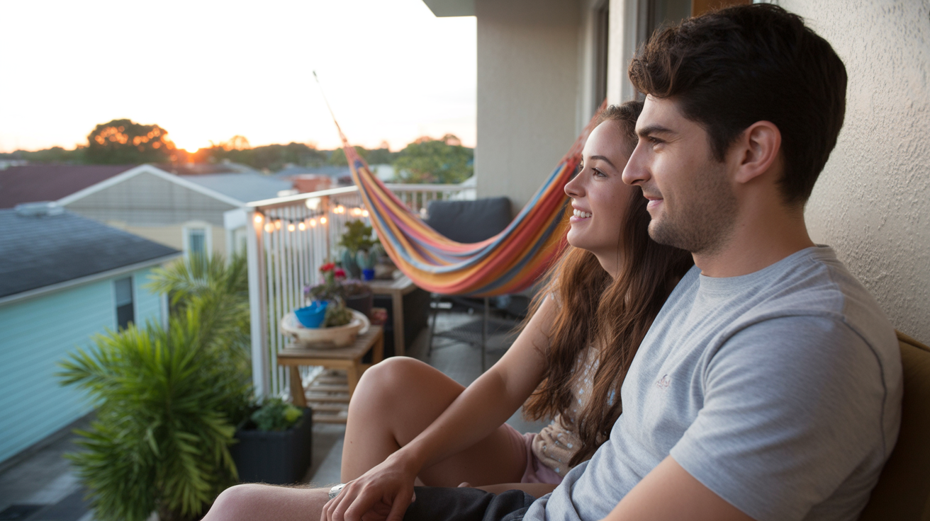Couple relaxing on their cozy apartment balcony at sunset in Plant City, FL