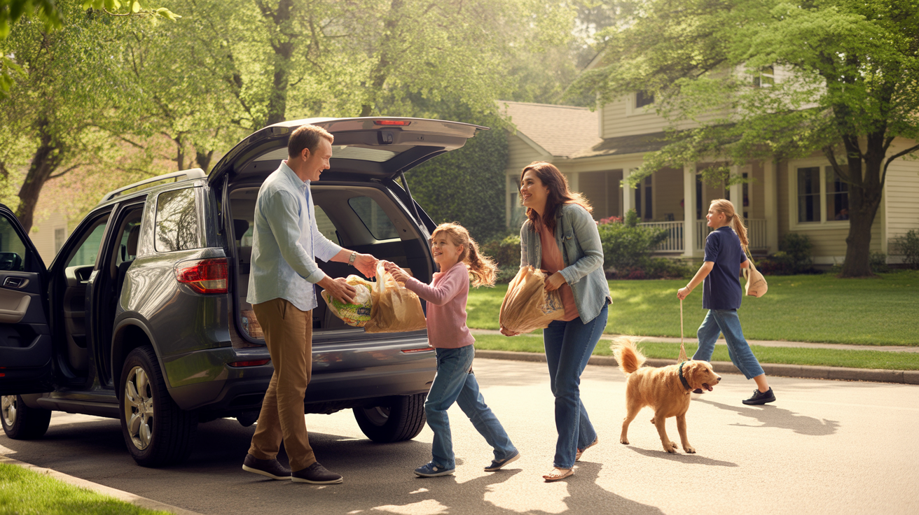 A family unloading groceries from their SUV in the driveway of their Fern Creek home on a warm spring afternoon.