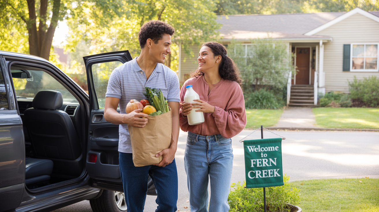 A couple unloads affordable groceries outside their Fern Creek home on a warm afternoon.