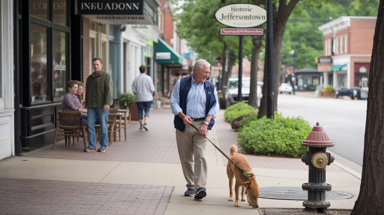 A resident walks his dog along the shop-lined main street of walkable downtown Jeffersontown.