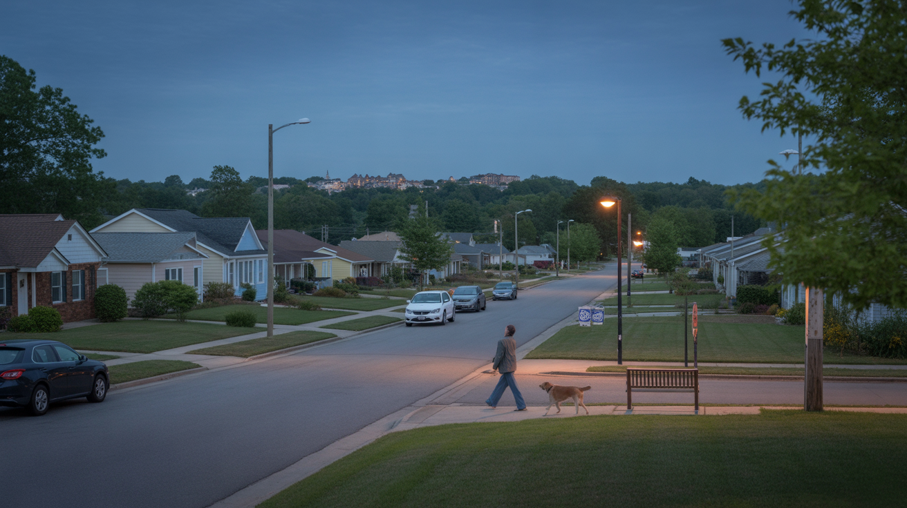 A quiet residential street in Garner, NC at dusk with homes, parked cars, and a person walking a dog on the sidewalk.