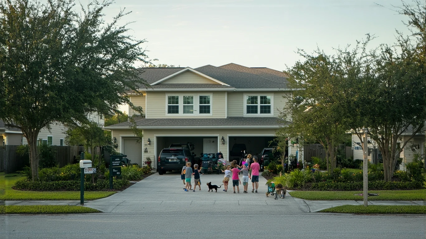 A young family outside their craftsman-style home in a peaceful Apopka neighborhood.
