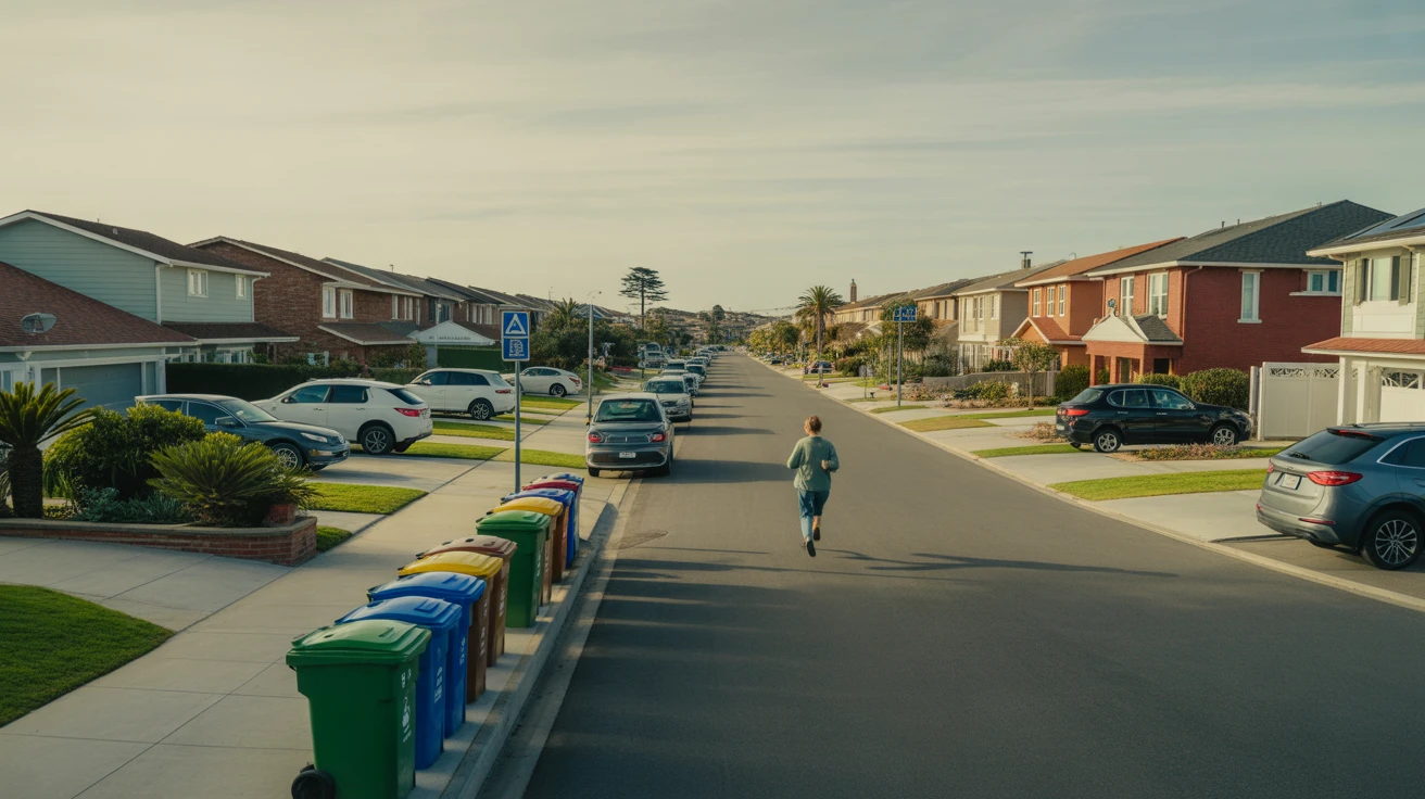 A jogger runs past red-brick homes and recycling bins on a calm suburban street in Carlsbad, CA.