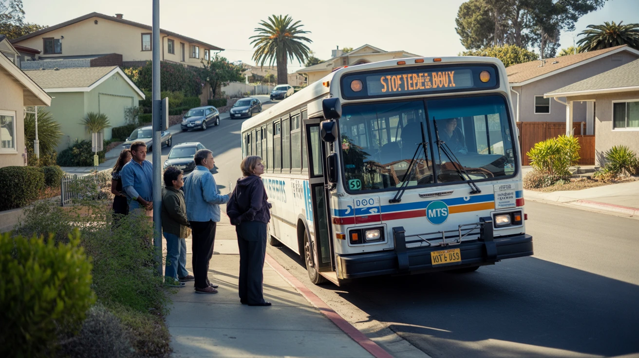 An MTS city bus stopped to pick up passengers on a residential street in San Diego on a sunny morning.