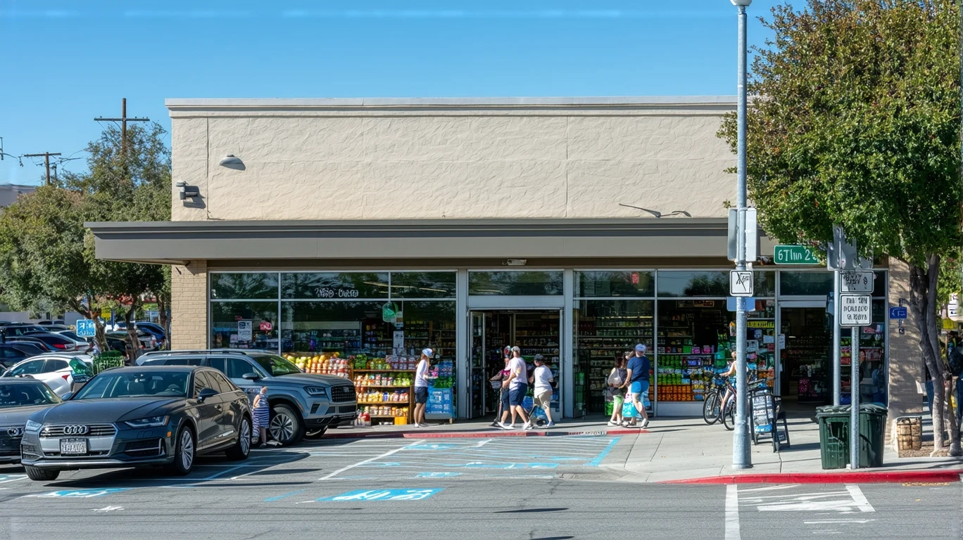 Exterior view of a local grocery store in Poway, California with shoppers carrying bags