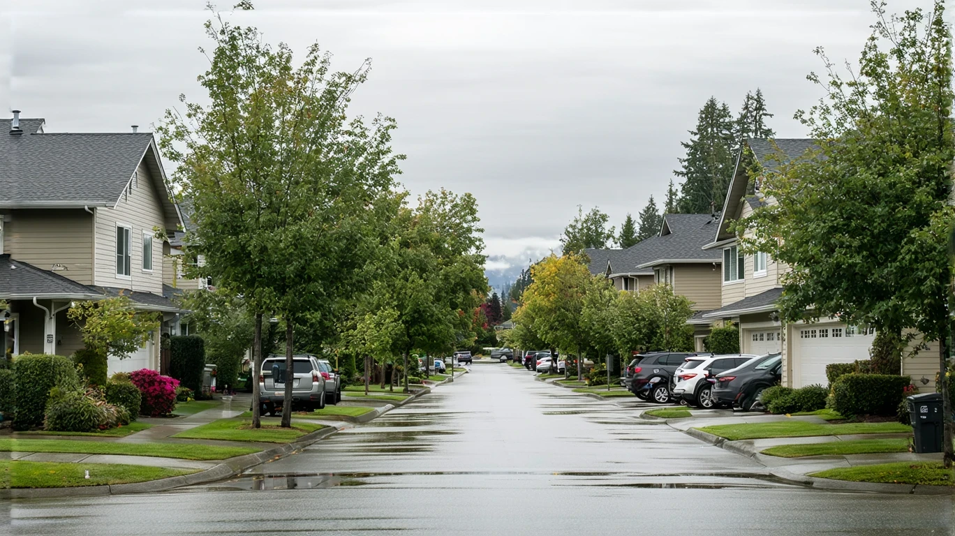 A suburban street in Kent, Washington after a rain shower, with palm trees and puddles along the sidewalk.