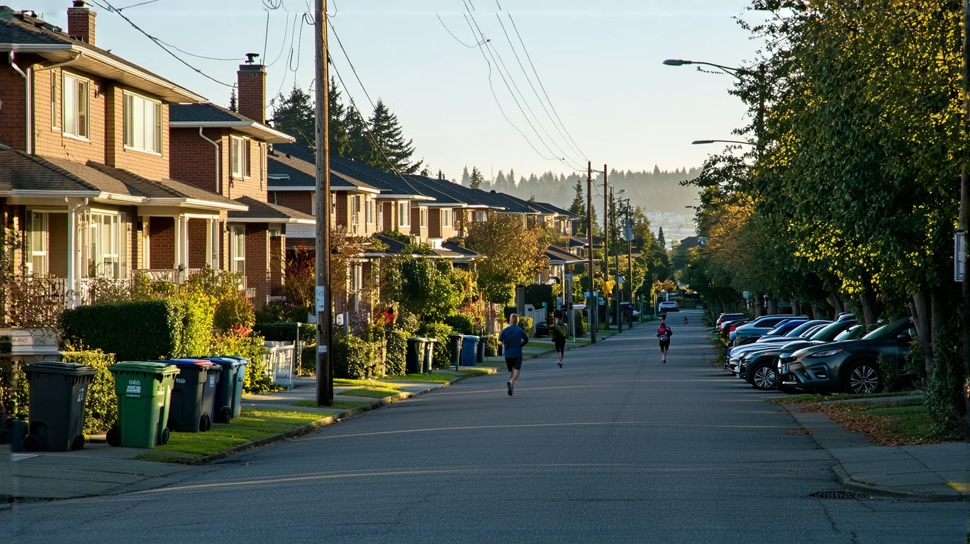 A jogger runs past a row of red-brick homes on a residential street in Seattle, with recycling bins out for pickup.