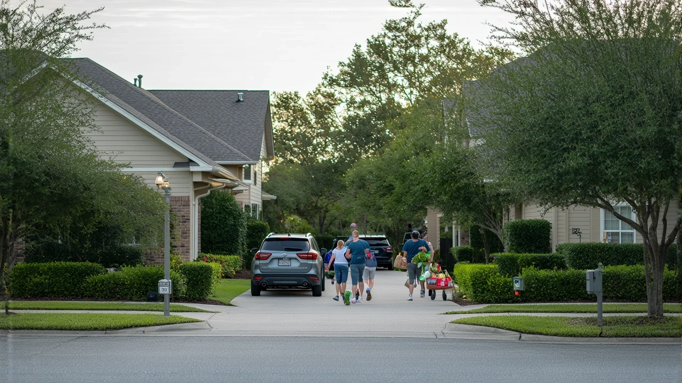 A couple carries grocery bags from their car into their craftsman-style home in Altamonte Springs, Florida