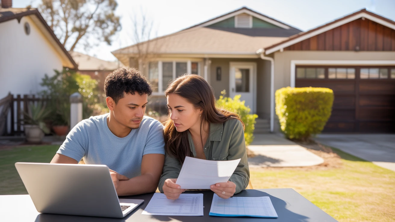 Couple reviewing monthly budget at kitchen table
