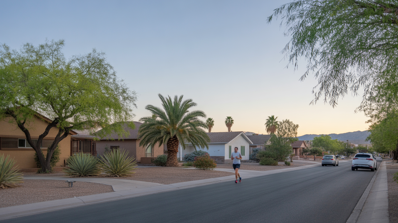 A quiet residential street in Boulder City, Nevada in the early morning light