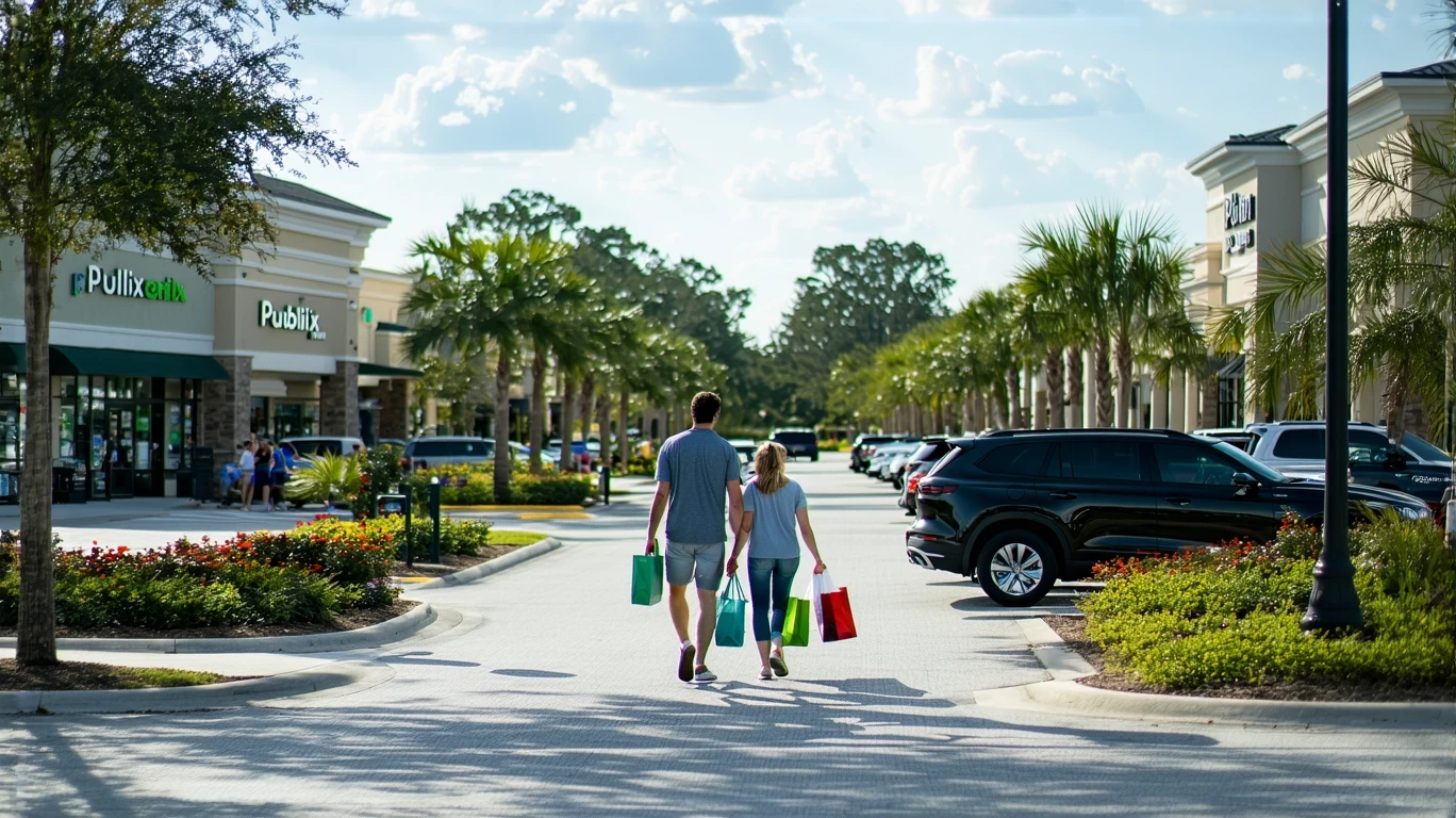 A couple leaving a Publix grocery store in Wesley Chapel, Florida on a sunny day.