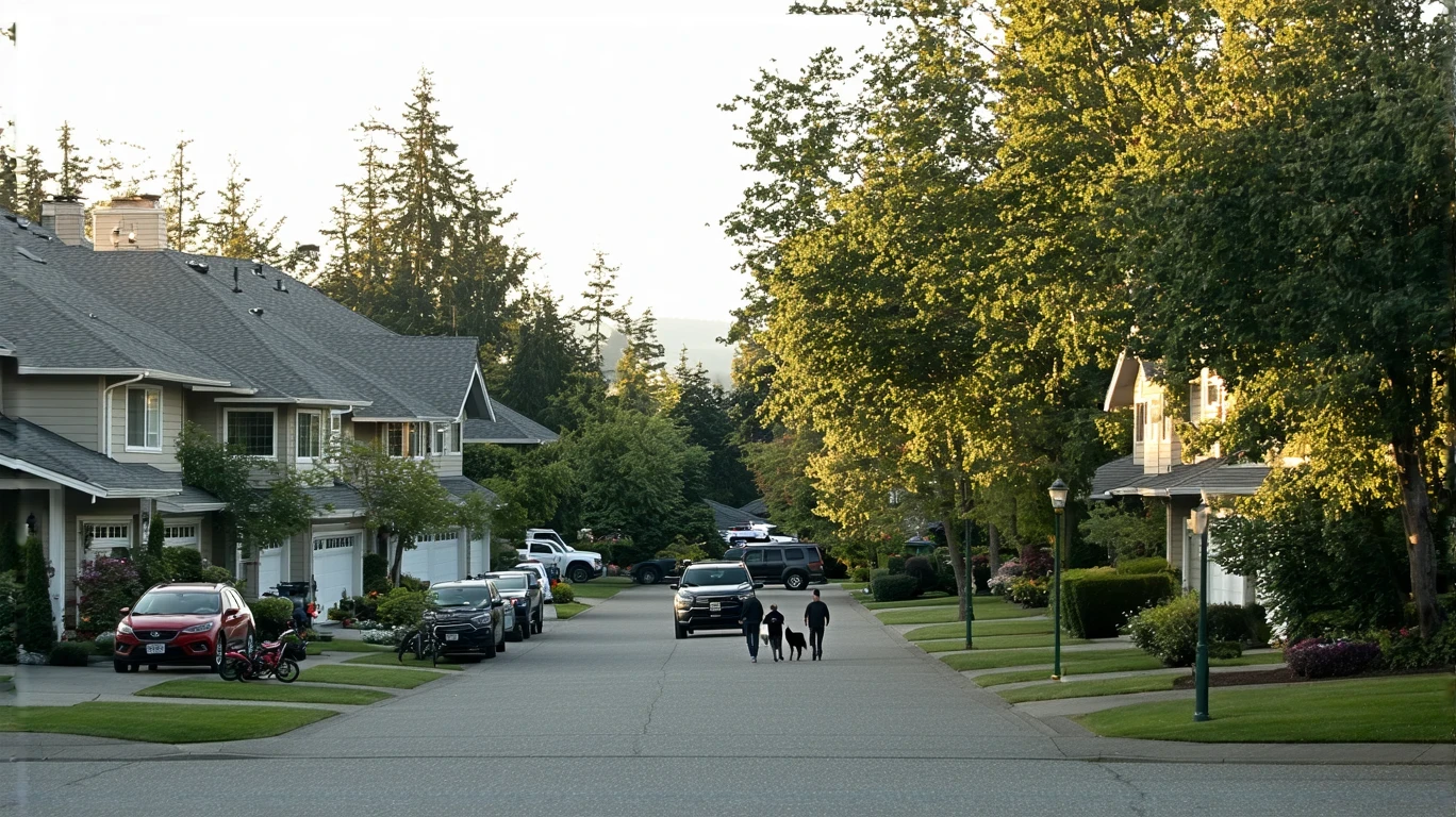 A residential street in Lynnwood, WA with craftsman-style homes, a couple walking their dog, and a parked sedan in a driveway.