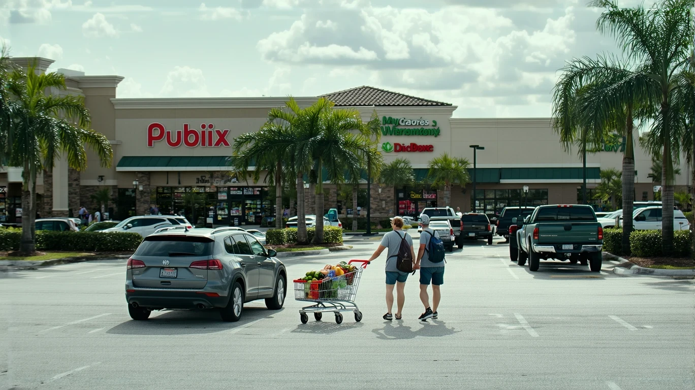 A couple loading groceries into their car outside a Publix supermarket in St Petersburg, Florida on a sunny day.