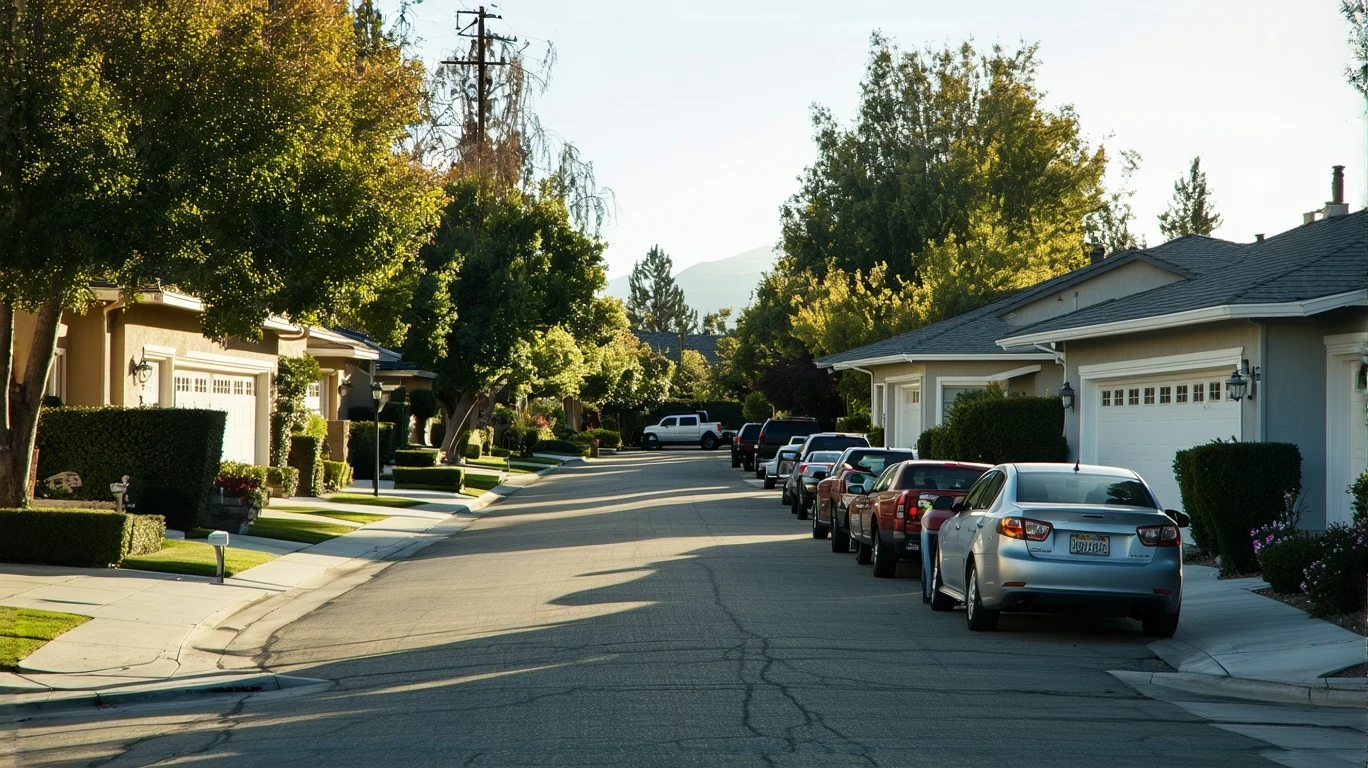 A sunny, residential street in Poway, California lined with single family homes and a few parked cars.