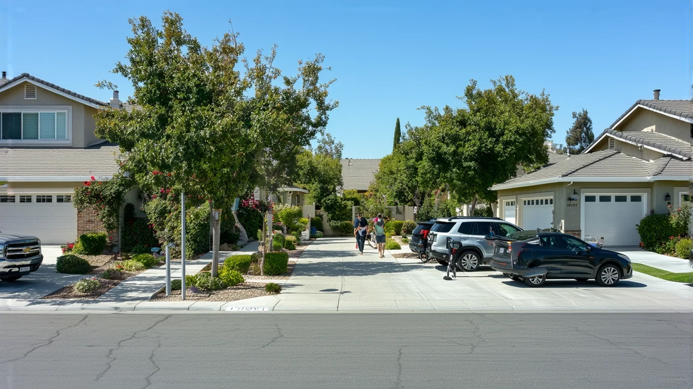 Quiet suburban street in Poway, California with modern homes, parked cars, and a person walking on the sidewalk.