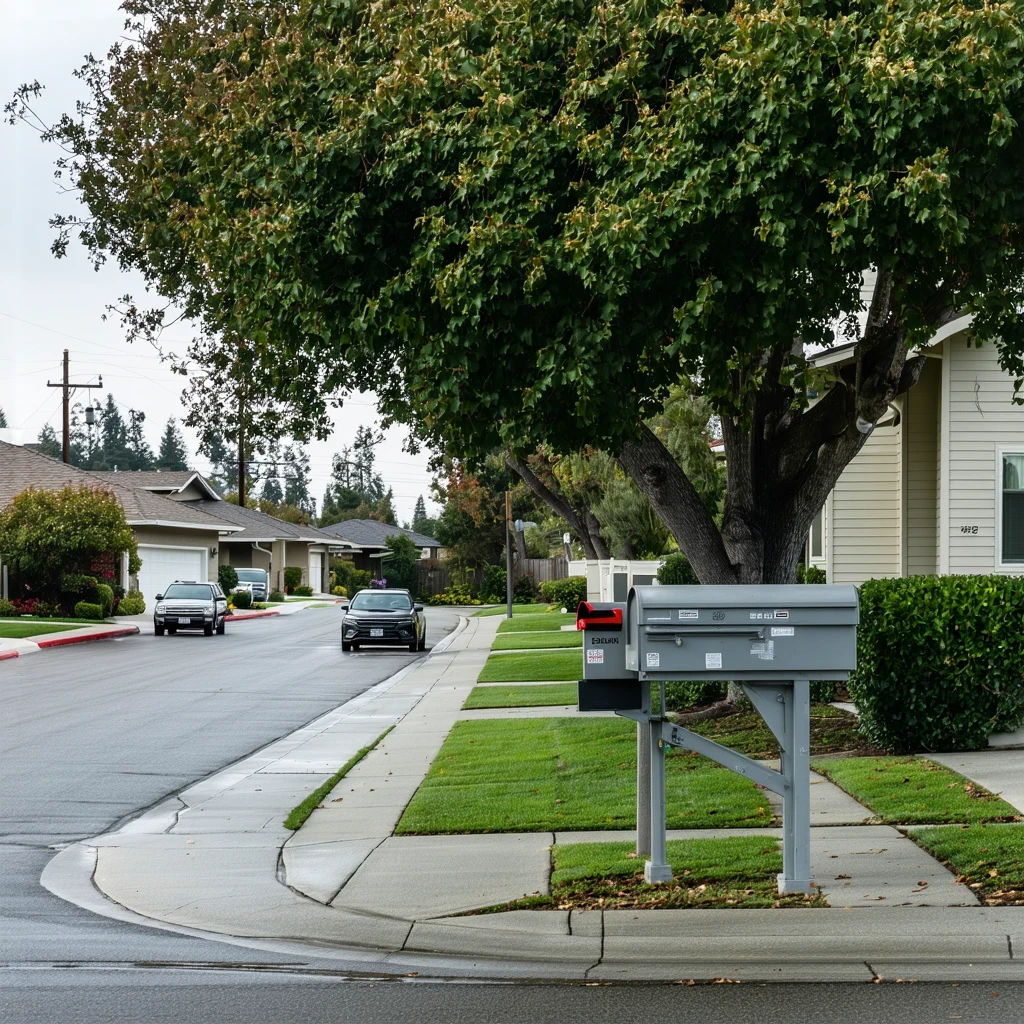A residential street in La Mesa with a sidewalk curving past curbside mailboxes on a cloudy day.